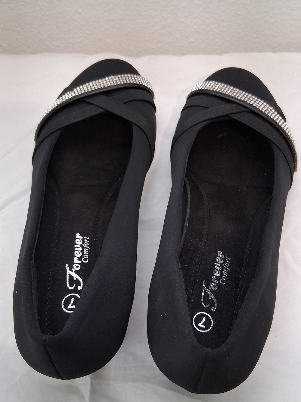 Forever Comfort Women's Black Slip-On Flats with Rhinestone Band
